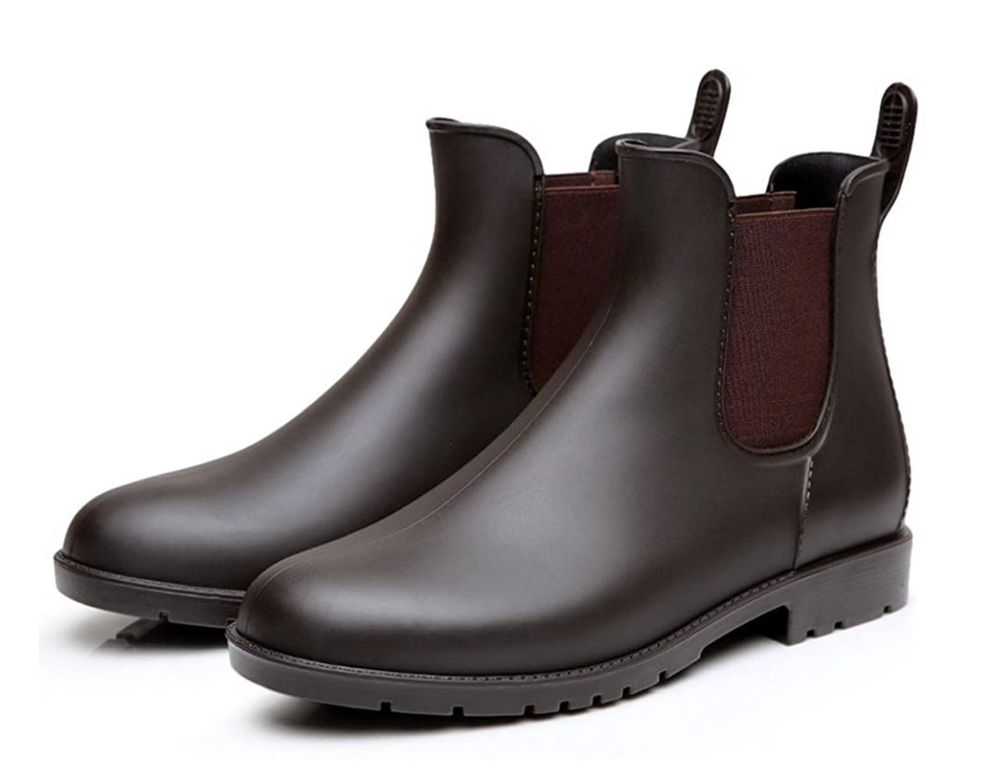 Pair of sleek, ankle-height Chelsea rubber rain boots with elastic side panels and heel pull tabs
