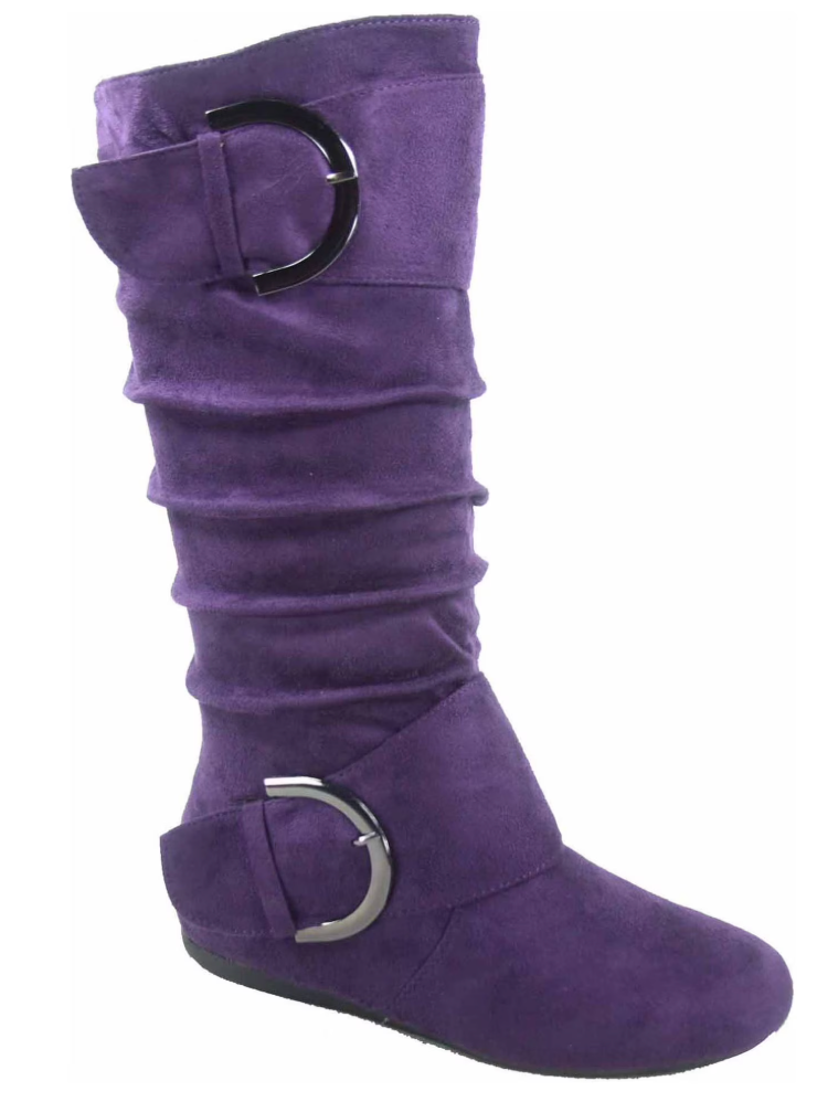 Knee-high faux suede boot with slouchy design and large decorative buckles