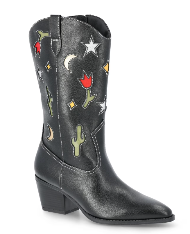 Black cowboy boot with star, moon, and succulent embroidery and a stacked heel