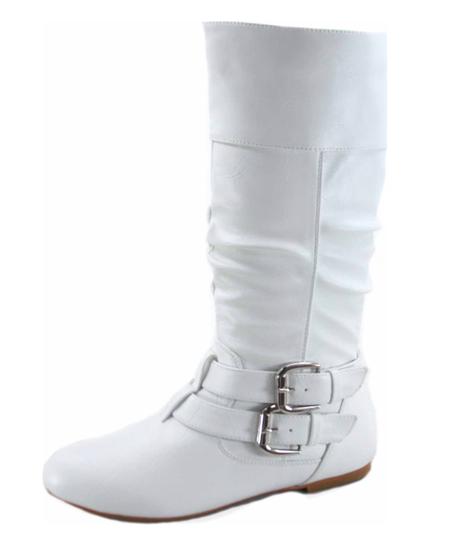 White knee-high boot with slouchy silhouette and double buckle straps at the ankle