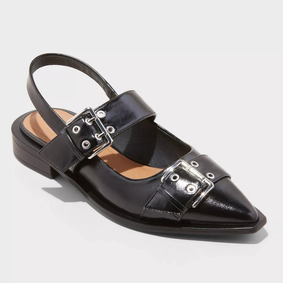 Black flat shoe with two buckled straps and a pointed toe