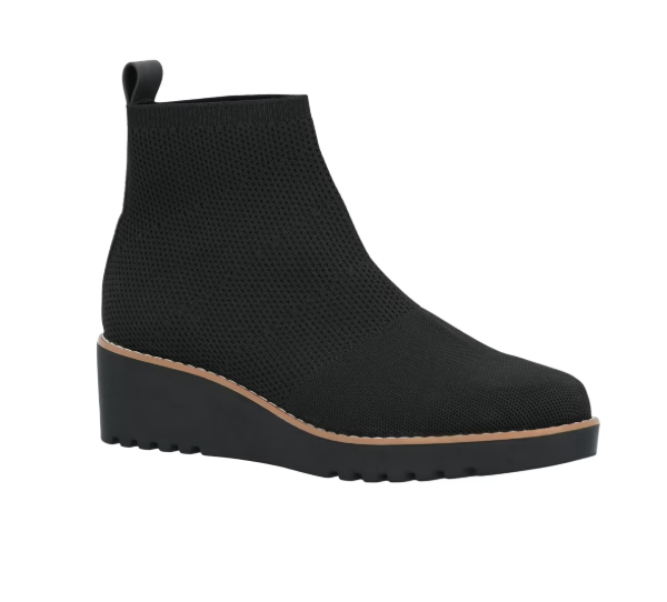 Stylish knit ankle boot with a rubber wedge sole heel pull tab