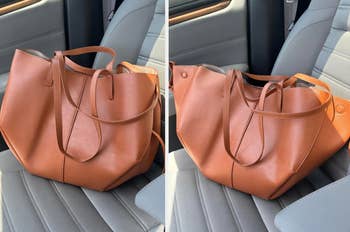 Two images of a stylish leather tote bag on a car seat, highlighting its spacious interior and sleek design