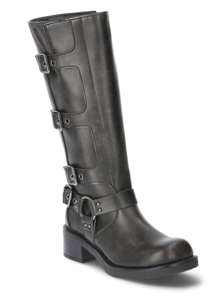 Knee-high leather moto boot with buckled straps and a low block heel
