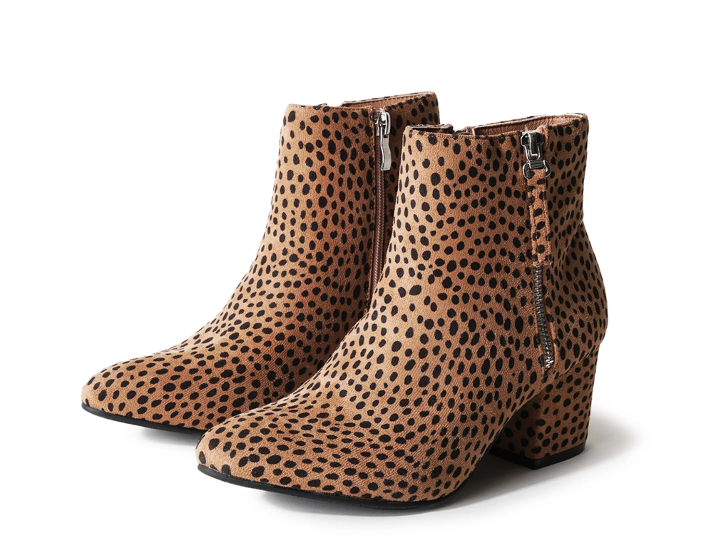 Leopard print ankle boots with block heels and side zippers
