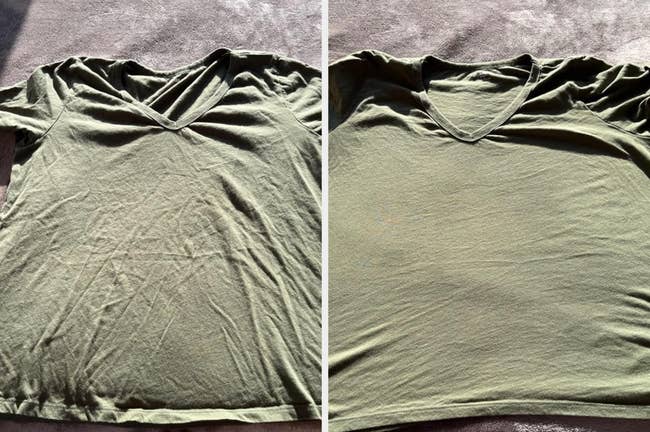 Green V-neck T-shirt shown wrinkled on the left and smooth on the right, demonstrating a fabric treatment or technique