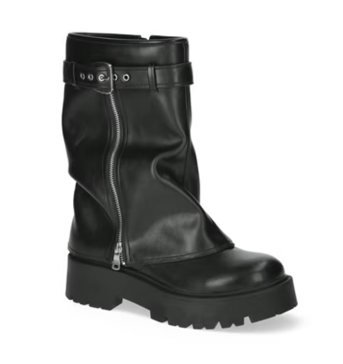 Chunky black leather moto boot with a side zipper, thick lug sole, and foldover detail