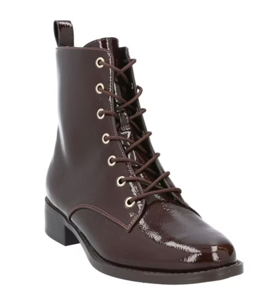 Shiny faux patent leather lace-up ankle boot with a low heel and pull tab