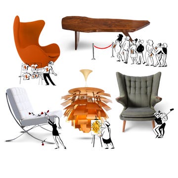 black and white line drawings of people in various activities combined with images of furniture