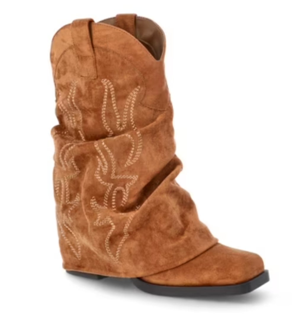 Faux suede Western boots with foldover design and intricate stitching