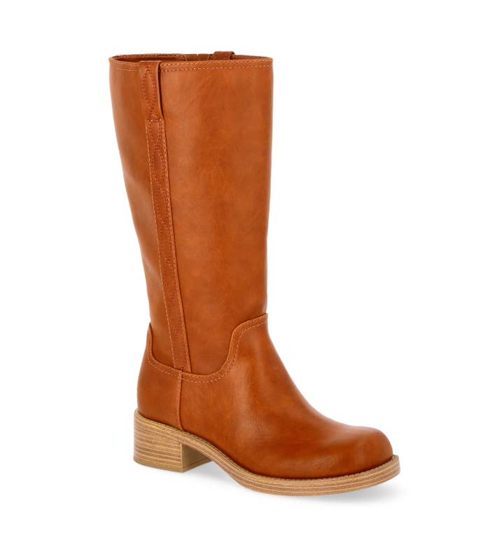 Knee-high leather riding boot with a low stacked heel