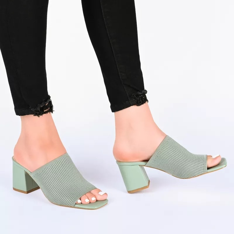 Light green mules with ribbed texture and block heel
