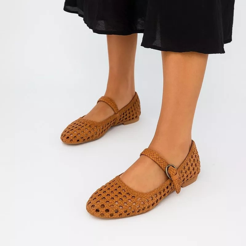 Women's woven ballet flats with ankle straps