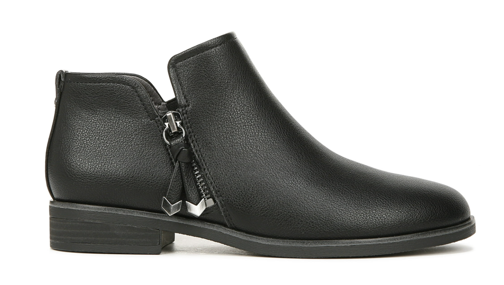 Dr. Scholl's black shootie with a low heel and side zipper with metal arrow-shaped pulls