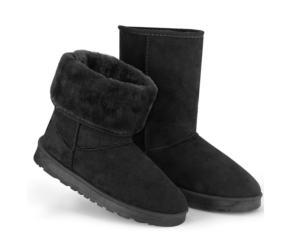 Pair of black suede winter boots with one folded over to show faux fur lining