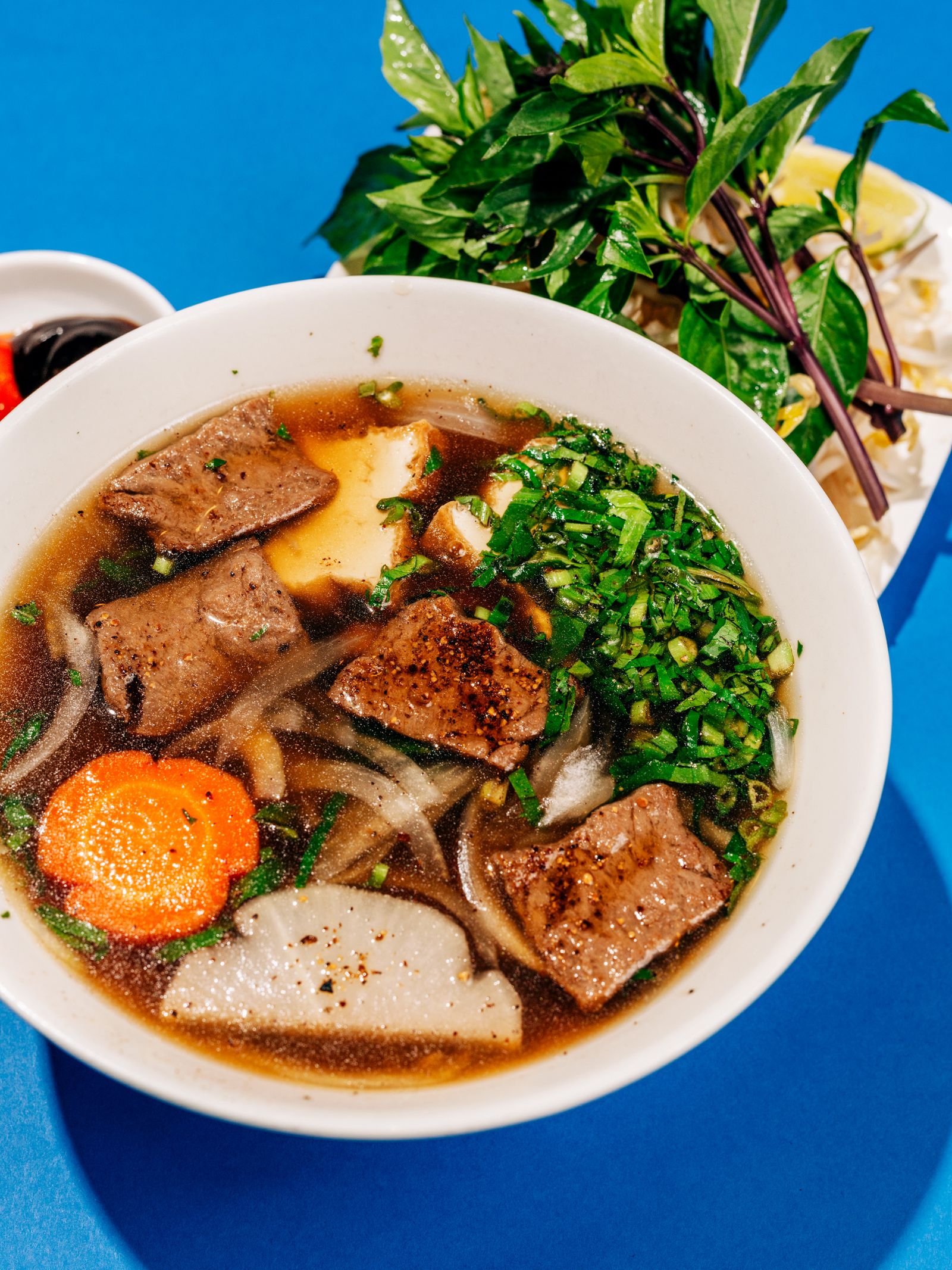 An up close view of vegeratian pho on a blue