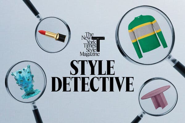 Four magnifying glasses with, from left, a blue vase that appears to be melting, a tube of lipstick, a green jumper with gray and yellow stripes and a pink pedestal table. In the center, text that reads "Style Detective."