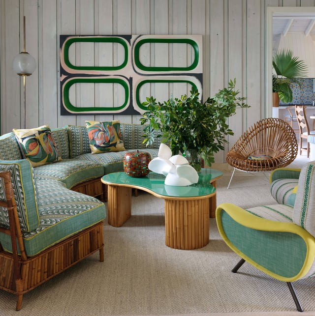 A vibrant living room featuring unique furniture and decor