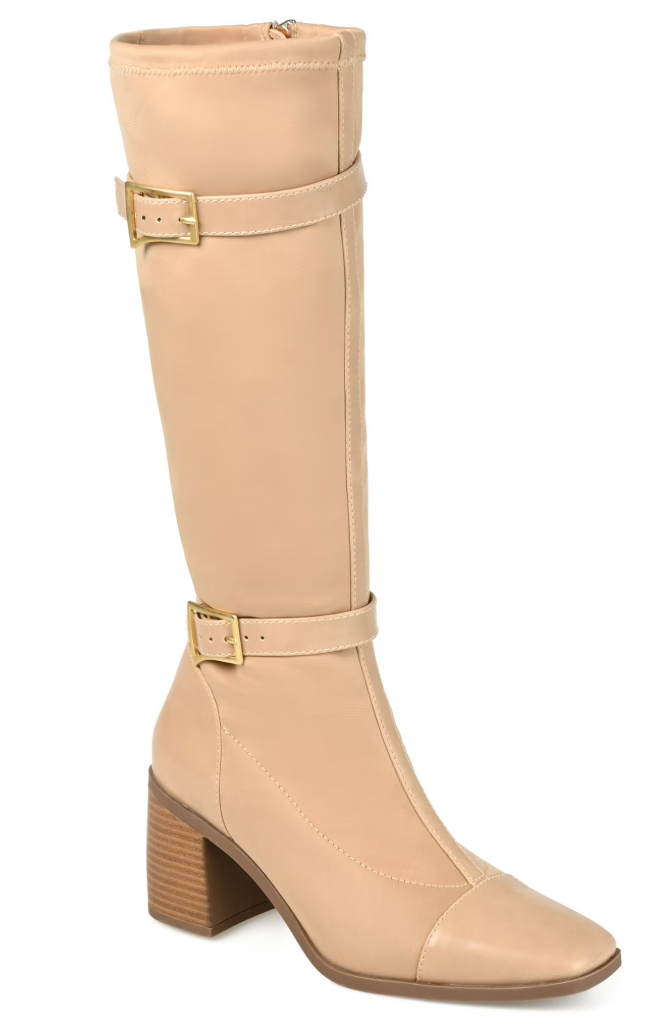 Tan knee-high riding boot with block heel and two wraparound buckles