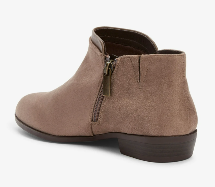 Faux suede ankle boot with side zipper, low stacked heel, and faux leather trim