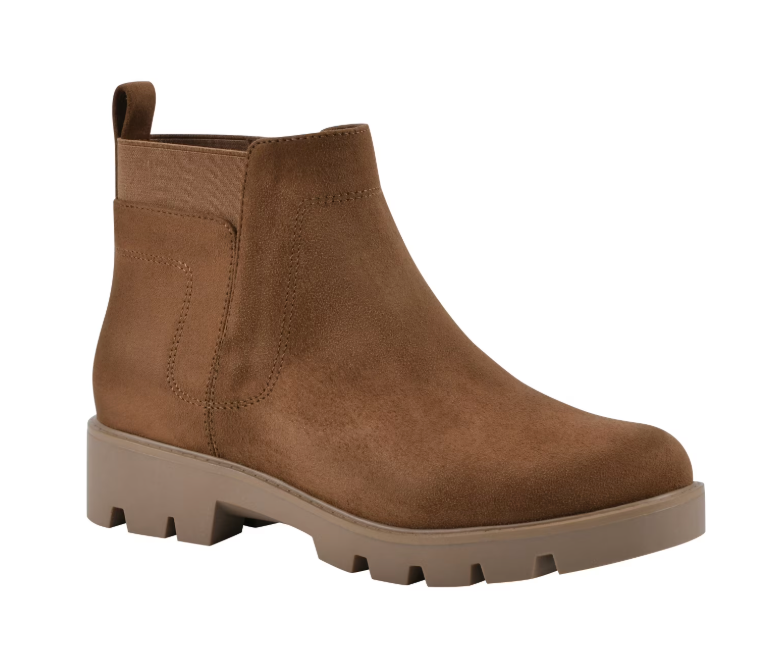 Brown Chelsea boot with a chunky lug sole, elastic side gore and heel pull tab