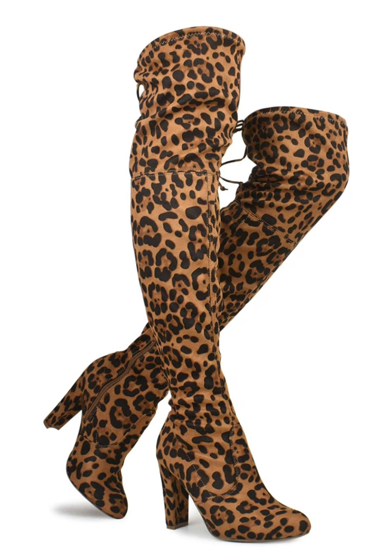 Leopard print thigh-high boots with high block heels